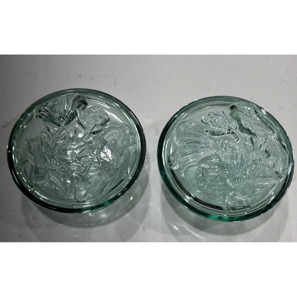 Set of 2 KIG Indonesian Glass Trinket Dishes Lids Vintage Floral Green 4.5"